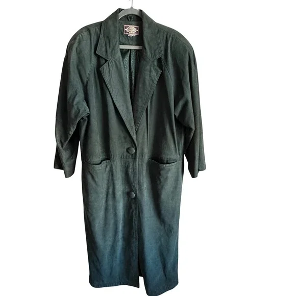 VTG Paris Sport Club Forest Green Suede Duster Coat M Oversized 80s 90s Korea - Picture 2 of 16